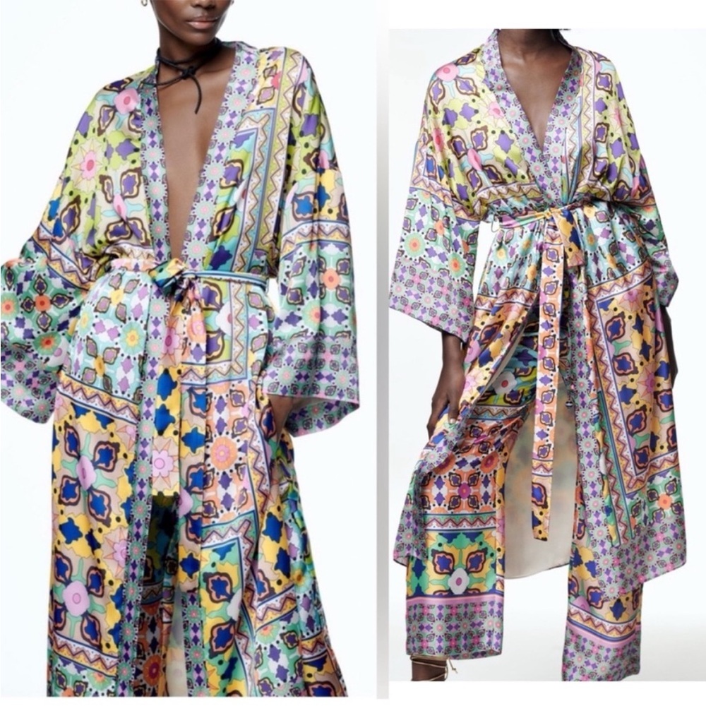 New ZARA satin kimono robe multicolor - Picture 15 of 17